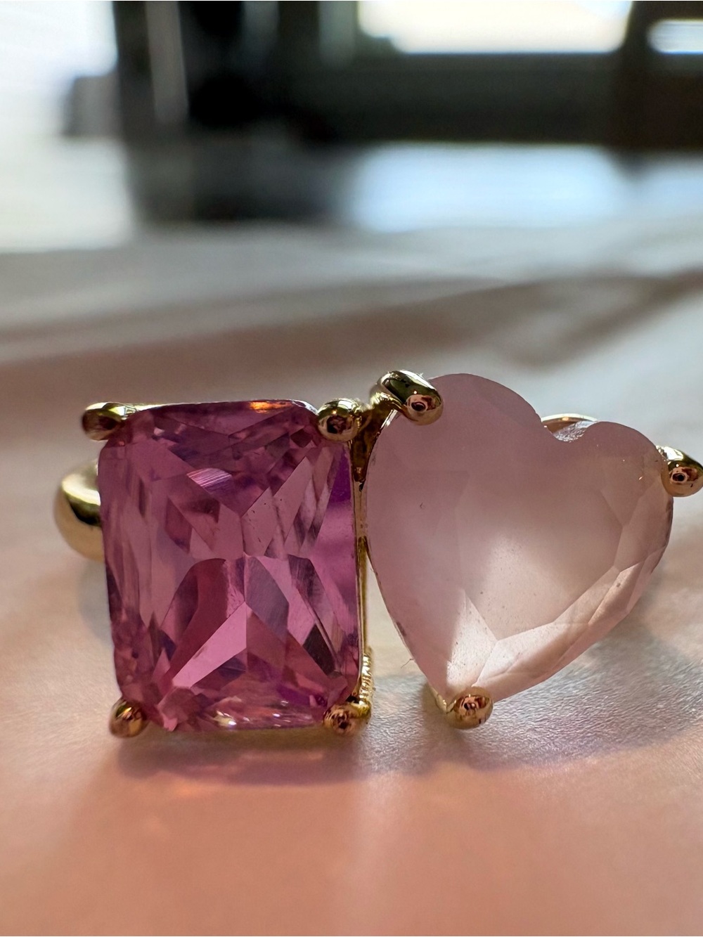 Gold Ring with Pink Cushion and Heart Stones